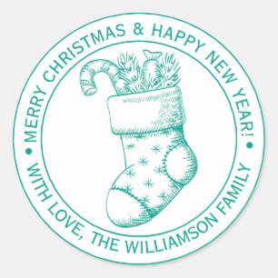 Vintage Christmas Stocking Holiday Wishes Green Classic Round Sticker