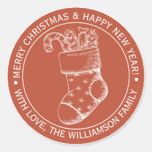 Vintage Christmas Stocking Holiday Wishes Red Classic Round Sticker