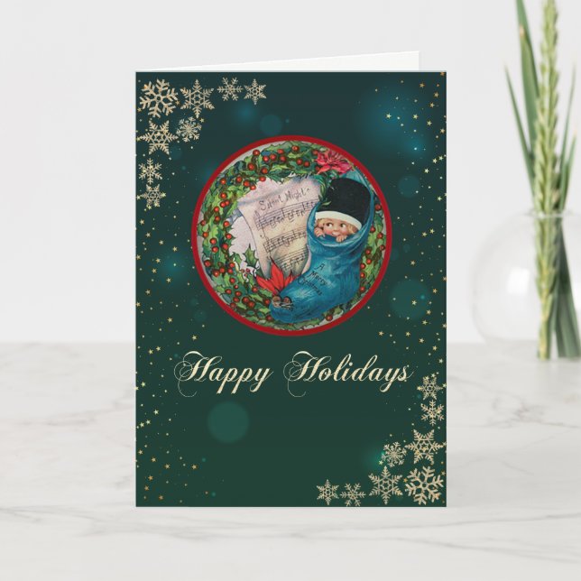 Vintage Christmas Stocking Kid, Snowflakes Green  Holiday Card (Front)