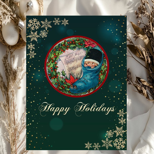 Vintage Christmas Stocking Kid, Snowflakes Green  Holiday Card (Creator Uploaded)