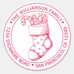 Vintage Christmas Stocking Return Address Red Ink Classic Round Sticker