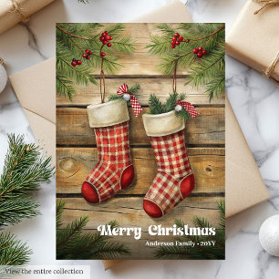 Vintage Christmas stocking traditional pine wreath Holiday Card