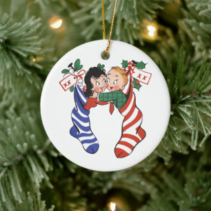Vintage Christmas Stockings with Cute Children Ceramic Tree Decoration