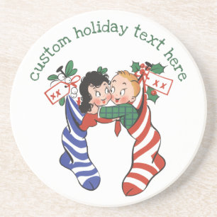 Vintage Christmas Stockings with Cute Children Coaster
