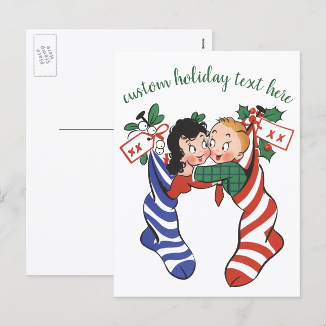 Vintage Christmas Stockings with Cute Children Holiday Postcard (Front/Back)