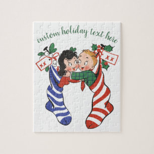 Vintage Christmas Stockings with Cute Children Jigsaw Puzzle