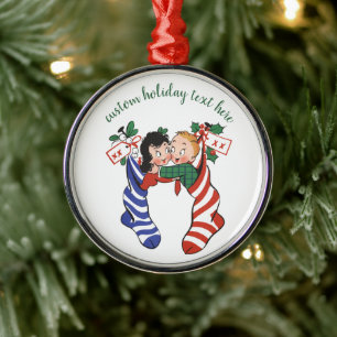 Vintage Christmas Stockings with Cute Children Metal Tree Decoration