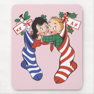 Vintage Christmas Stockings with Cute Children Mouse Mat