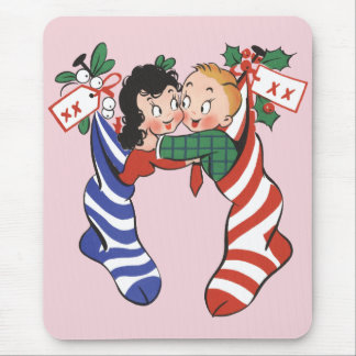 Vintage Christmas Stockings with Cute Children Mouse Mat