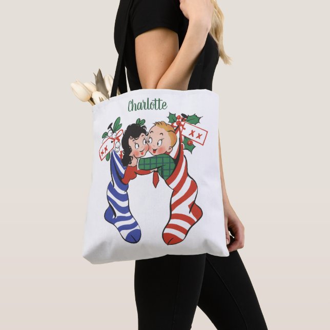 Vintage Christmas Stockings with Cute Children Tote Bag (Close Up)