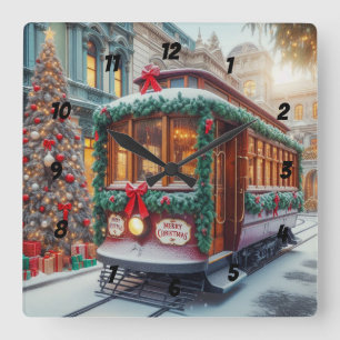 Vintage Christmas Streetcar in Snow Square Wall Clock