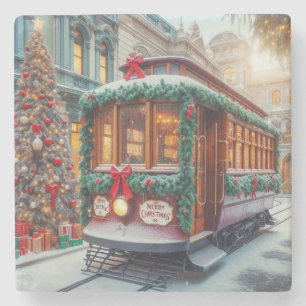 Vintage Christmas Streetcar in Snow Stone Coaster