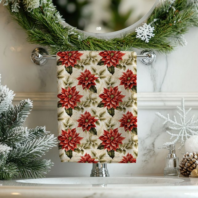 Vintage Christmas Tablecloth Poinsettia Pattern Bath Towel Set (Vintage Christmas Tablecloth Poinsettia Pattern)