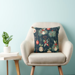 Vintage Christmas Teal and Red Ornament Pattern Cushion