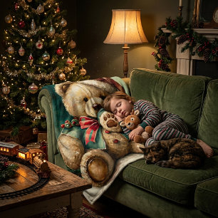 Vintage Christmas Teddy bear Fleece Blanket