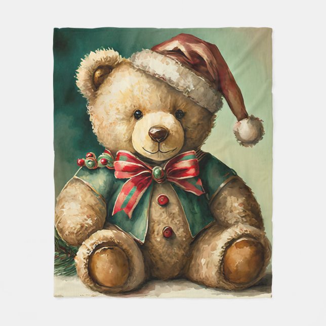 Vintage Christmas Teddy bear Fleece Blanket (Front)