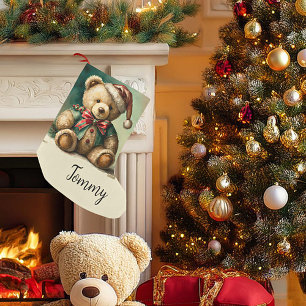 Vintage Christmas Teddy bear Small Christmas Stocking