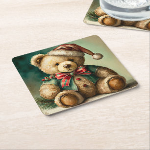 Vintage Christmas Teddy bear Square Paper Coaster