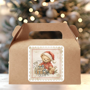 Vintage Christmas Teddy Bear with Gifts Postage Square Sticker