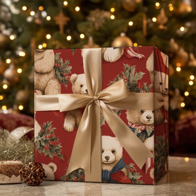 Vintage Christmas Teddy Bears  Wrapping Paper Sheet (Creator Uploaded)