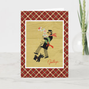 Vintage Christmas Terrier Dog And Man With Gifts Holiday Card