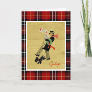 Vintage Christmas Terrier Dog And Man With Gifts Holiday Card