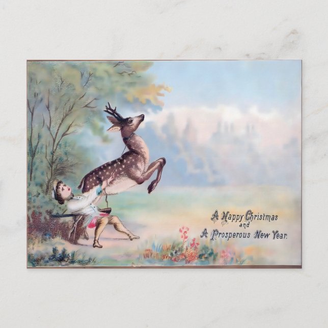 Vintage Christmas: The Leaping Fawn & Boy Postcard (Front)