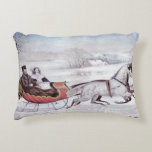 Vintage Christmas, The Road Winter, Sleigh Horse Decorative Cushion<br><div class="desc">Vintage illustration Christmas holiday design originally published by Currier & Ives in 1853 titled The Road - Winter. This love and romance design features a couple taking a romantic winter ride in a horse drawn sleigh over the snowy landscape. This artwork was possibly a portrait of Nathaniel Currier and his...</div>