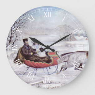 Vintage Christmas, The Road Winter, Sleigh Horse Large Clock