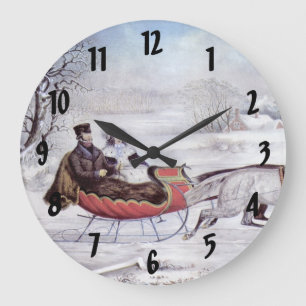 Vintage Christmas, The Road Winter, Sleigh Horse Large Clock