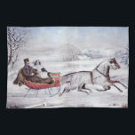 Vintage Christmas, The Road Winter, Sleigh Horse Tea Towel<br><div class="desc">Vintage illustration Christmas holiday design originally published by Currier & Ives in 1853 titled The Road - Winter. This love and romance design features a couple taking a romantic winter ride in a horse drawn sleigh over the snowy landscape. This artwork was possibly a portrait of Nathaniel Currier and his...</div>