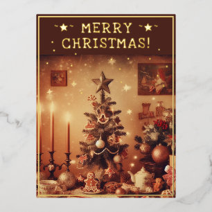Vintage Christmas Theme Greetings Rustic Tree Pic Foil Holiday Postcard