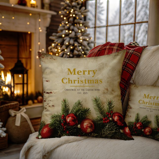 Vintage Christmas Throw Pillow | Red & Green (Vintage Christmas throw pillow — burnt parchment with red & green creeper, cozy festive home decor!!)