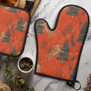 Vintage Christmas Tiger and Christmas Tree Oven Mitt & Pot Holder Set