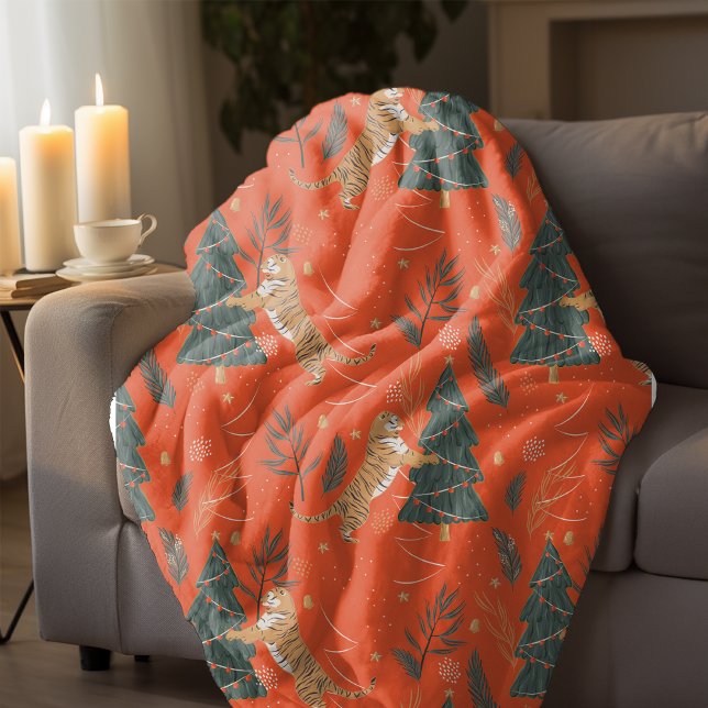Vintage Christmas Tiger and Christmas Tree Sherpa Blanket (Creator Uploaded)
