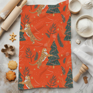 Vintage Christmas Tiger and Christmas Tree Tea Towel