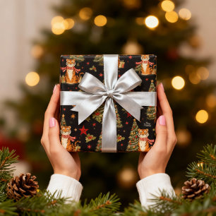 Vintage Christmas Tiger with Christmas Tree Black Wrapping Paper