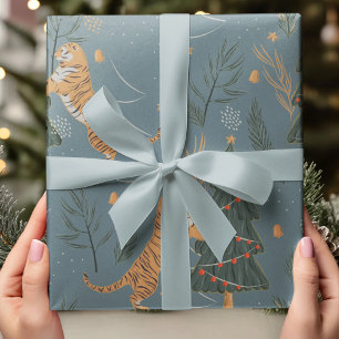 Vintage Christmas Tiger with Christmas Tree Blue  Wrapping Paper