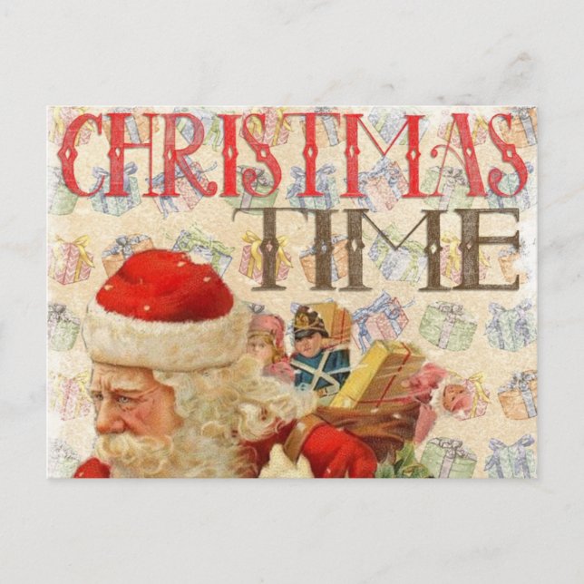 Vintage Christmas Time Antique Santa with Gifts Postcard (Front)