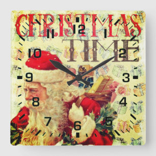 Vintage Christmas Time Santa Claus Square Wall Clock