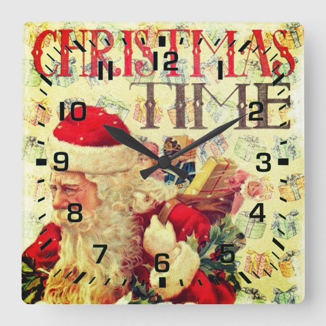 Vintage Christmas Time Santa Claus Square Wall Clock (Front)