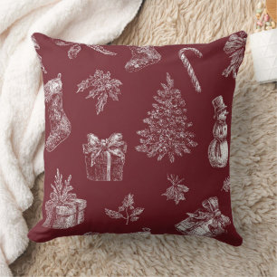 Vintage Christmas Toile Crimson Red White Holiday Cushion