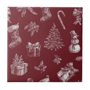 Vintage Christmas Toile Crimson Red White Holiday Tile