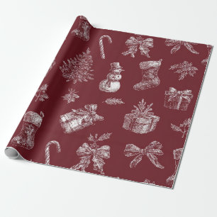Vintage Christmas Toile Crimson Red White Holiday Wrapping Paper