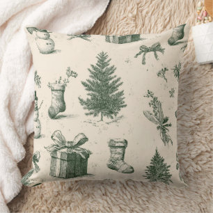 Vintage Christmas Toile Forest Green Cream Pattern Cushion