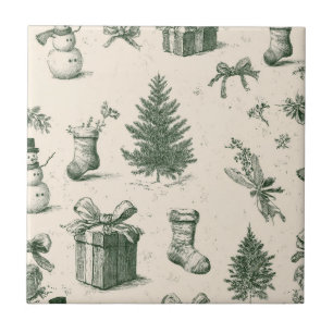 Vintage Christmas Toile Forest Green Cream Pattern Tile