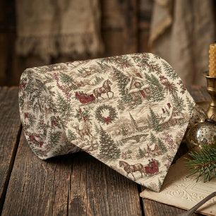 Vintage Christmas Toile Gift Wrap   Deer & Sleigh Tie