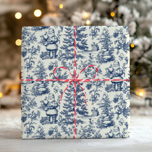 Vintage Christmas Toile Santa Blue Victorian Wrapping Paper