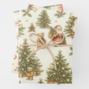 Vintage Christmas Toile Santa Village Emblem Wrapping Paper Sheet