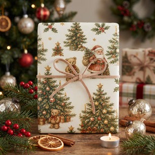 Vintage Christmas Toile Santa Village Emblem Wrapping Paper Sheet